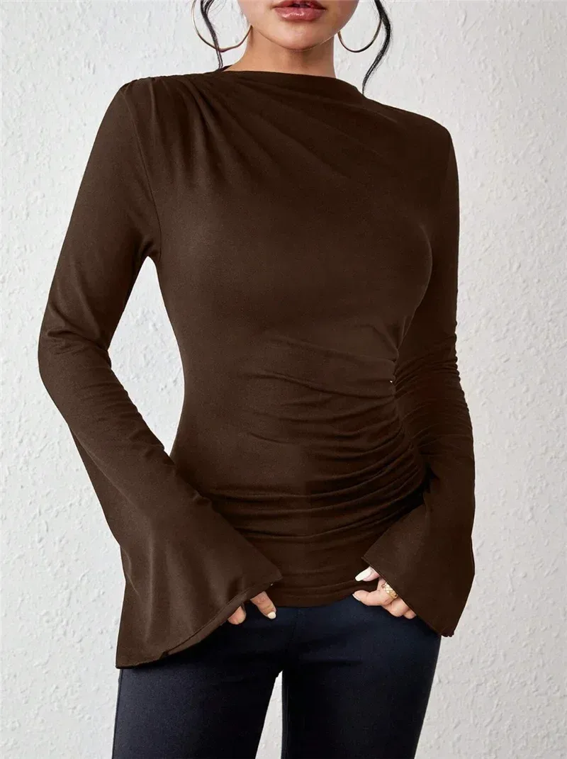 Autumn And Winter New All-match Pleated    Design Sense Horn Sleeve Collar Slim T-shirt display picture 17
