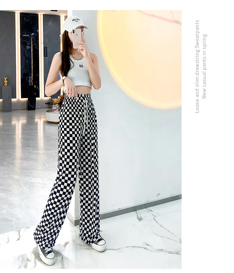 Plaid Wide-leg Pants For Women Summer Thin High Waist Draping All-match Ice Silk Chessboard Plaid Cool Straight Pants display picture 3