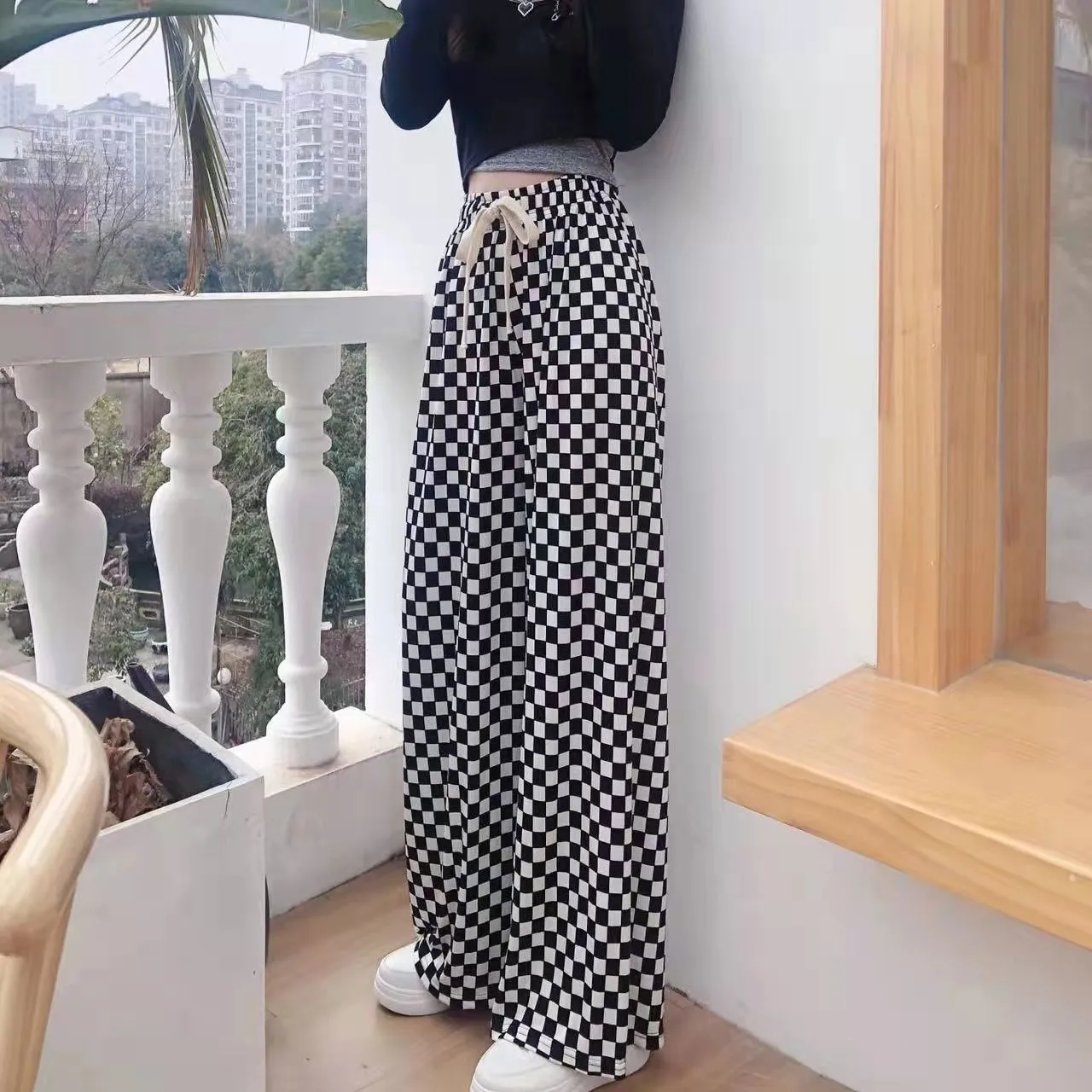 Plaid Wide-leg Pants For Women Summer Thin High Waist Draping All-match Ice Silk Chessboard Plaid Cool Straight Pants display picture 4