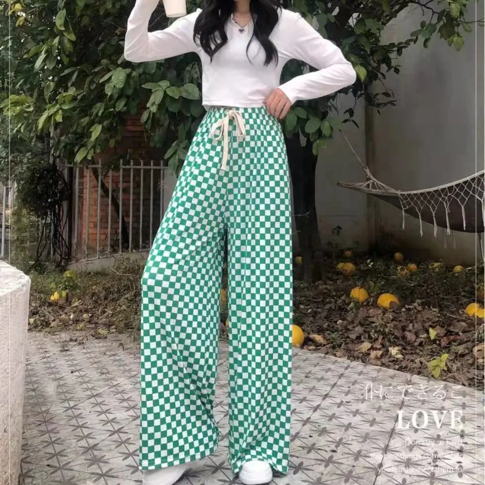 Plaid Wide-leg Pants For Women Summer Thin High Waist Draping All-match Ice Silk Chessboard Plaid Cool Straight Pants display picture 6