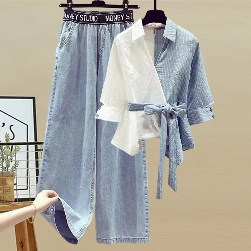 Foreign Trade Women's Clothing Spring Suit Women's Stitching Fake Two-piece Shirt Slimming Jeans Two-piece Set display picture 2