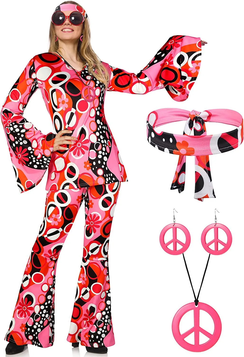 Women's Hippie Costume Pink Hippie Disco Costume Bottoms Bohemian Flared Pants display picture 1