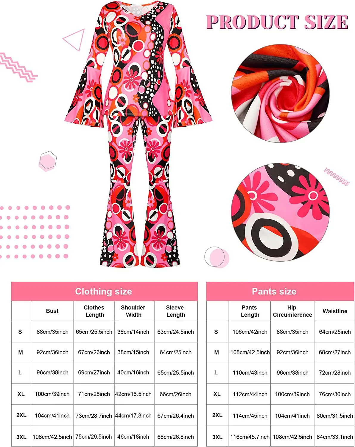 Women's Hippie Costume Pink Hippie Disco Costume Bottoms Bohemian Flared Pants display picture 3