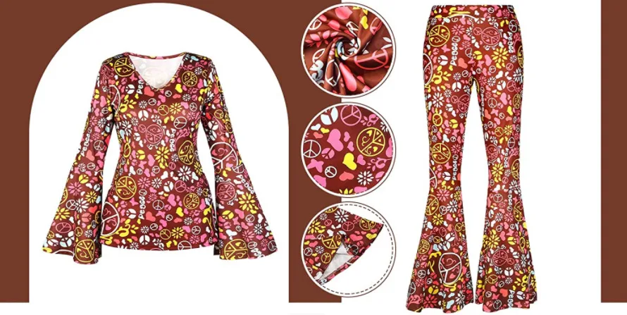 Women's Hippie Costume Pink Hippie Disco Costume Bottoms Bohemian Flared Pants display picture 4