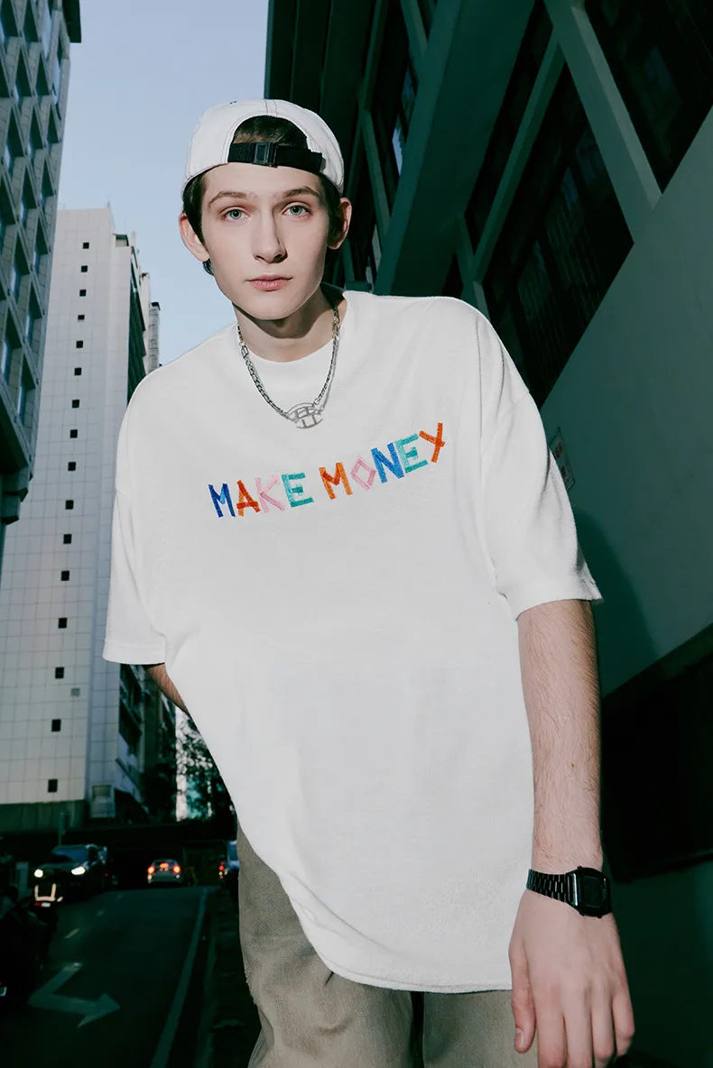 Jiezhan Men's Wear | Contrast Color Texture Towel Embroidered T-shirt  Spring/Summer New Loose Fashion Brand Letter Short Sleeve Men display picture 2