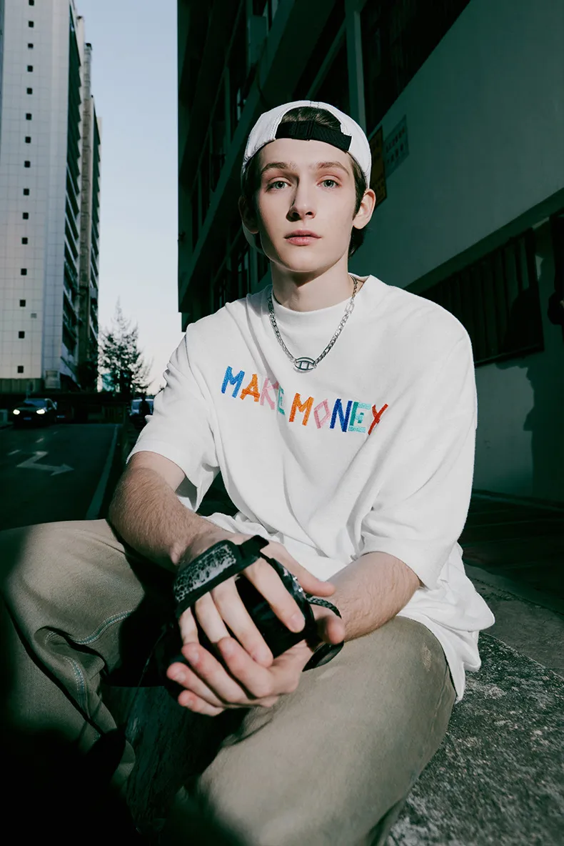 Jiezhan Men's Wear | Contrast Color Texture Towel Embroidered T-shirt  Spring/Summer New Loose Fashion Brand Letter Short Sleeve Men display picture 3