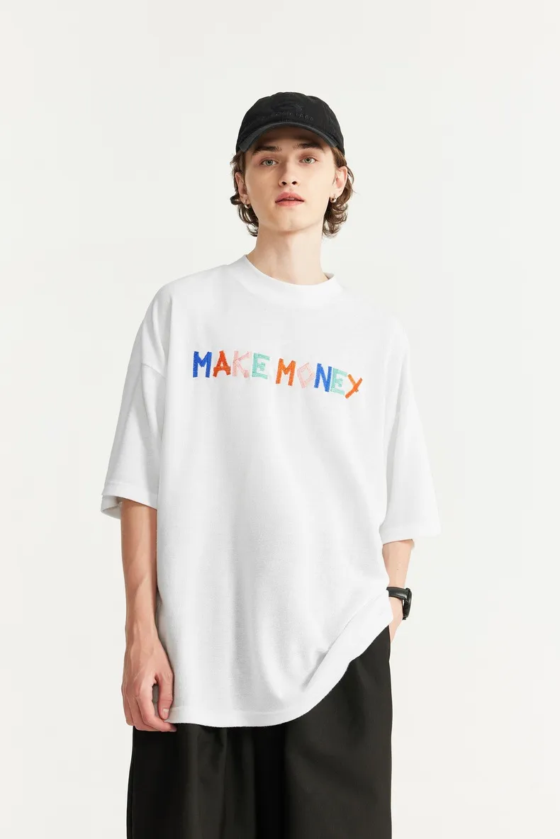 Jiezhan Men's Wear | Contrast Color Texture Towel Embroidered T-shirt  Spring/Summer New Loose Fashion Brand Letter Short Sleeve Men display picture 5