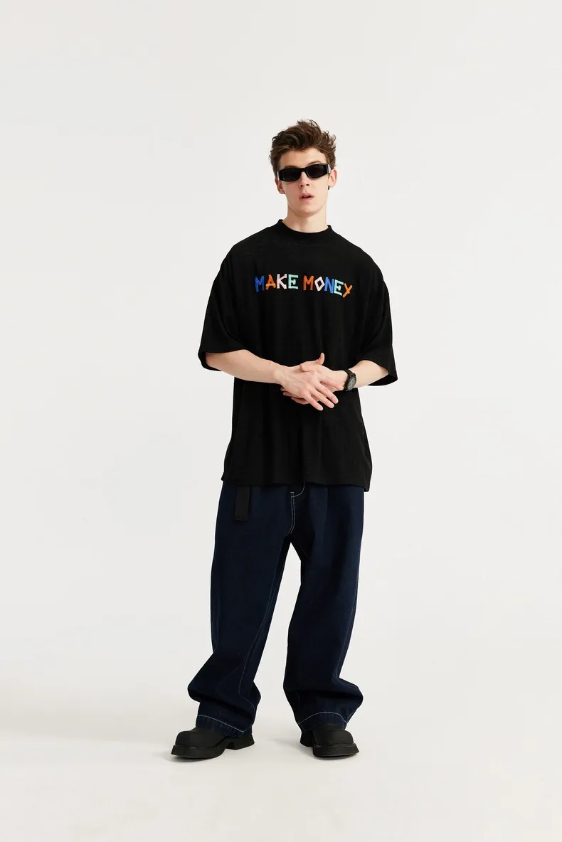 Jiezhan Men's Wear | Contrast Color Texture Towel Embroidered T-shirt  Spring/Summer New Loose Fashion Brand Letter Short Sleeve Men display picture 7