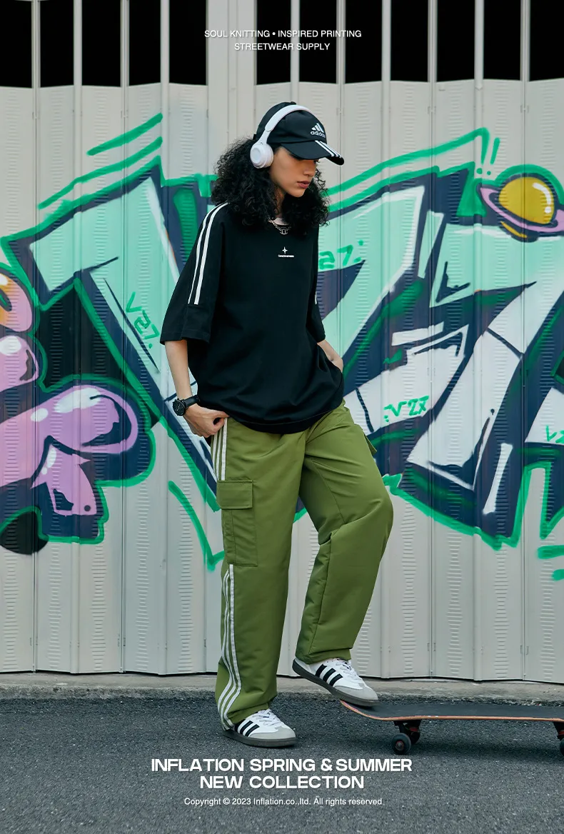 INF Men's | Street Retro Sports Casual Pants Spring And Summer Loose Parallel Bars Side Striped Wide Leg Overalls Men's display picture 2