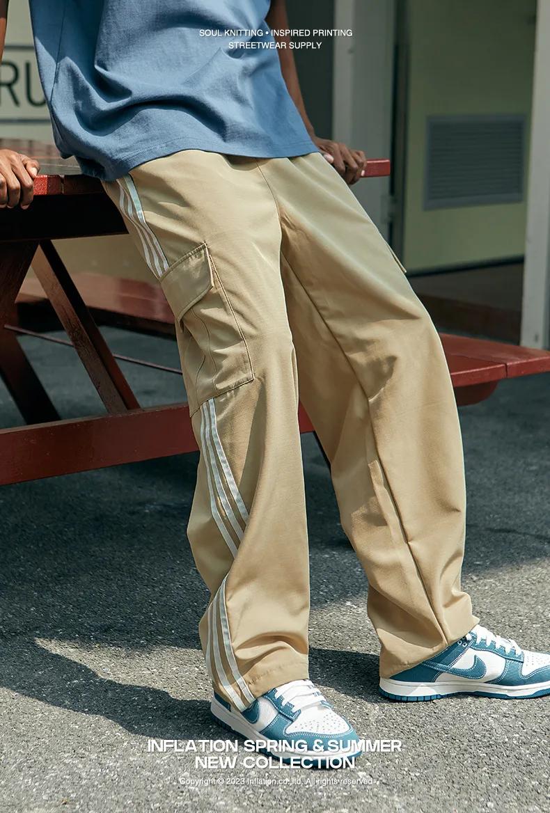 INF Men's | Street Retro Sports Casual Pants Spring And Summer Loose Parallel Bars Side Striped Wide Leg Overalls Men's display picture 3