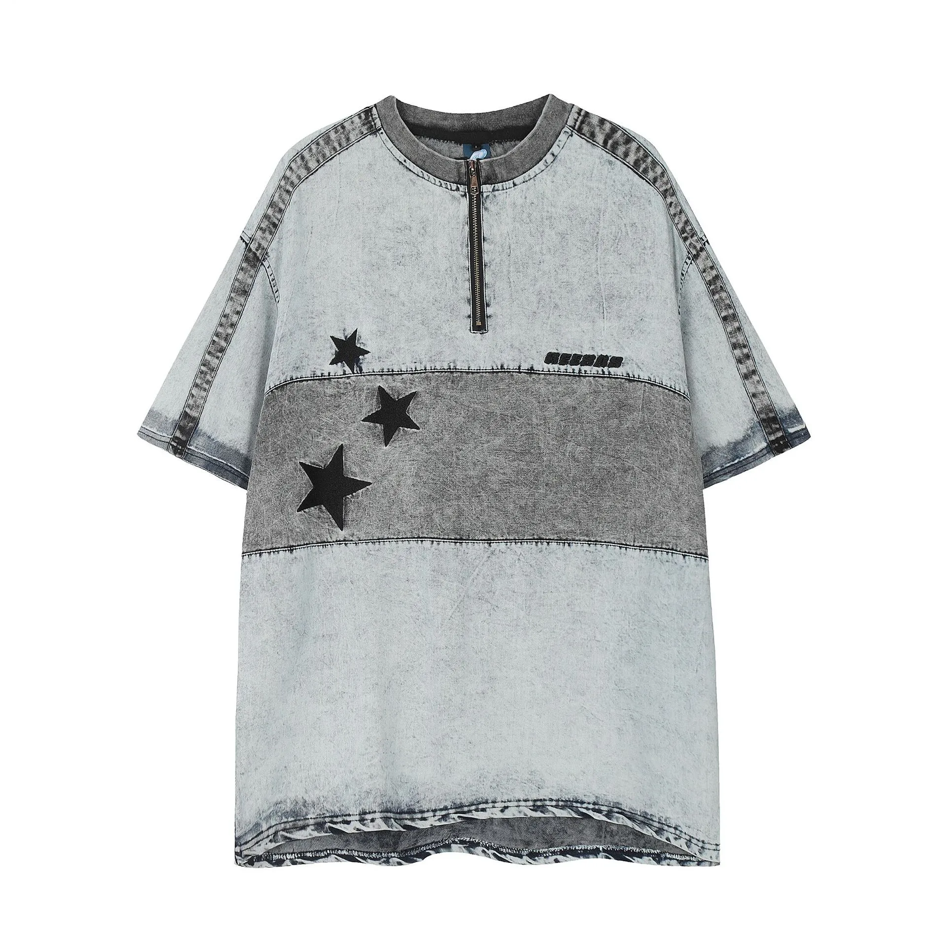 Jiayiku Men's Clothing Vintage American Street Fashion Brand T-shirt Color Matching Denim Washed Distressed Zipper Collar Short Sleeve T-shirt display picture 2
