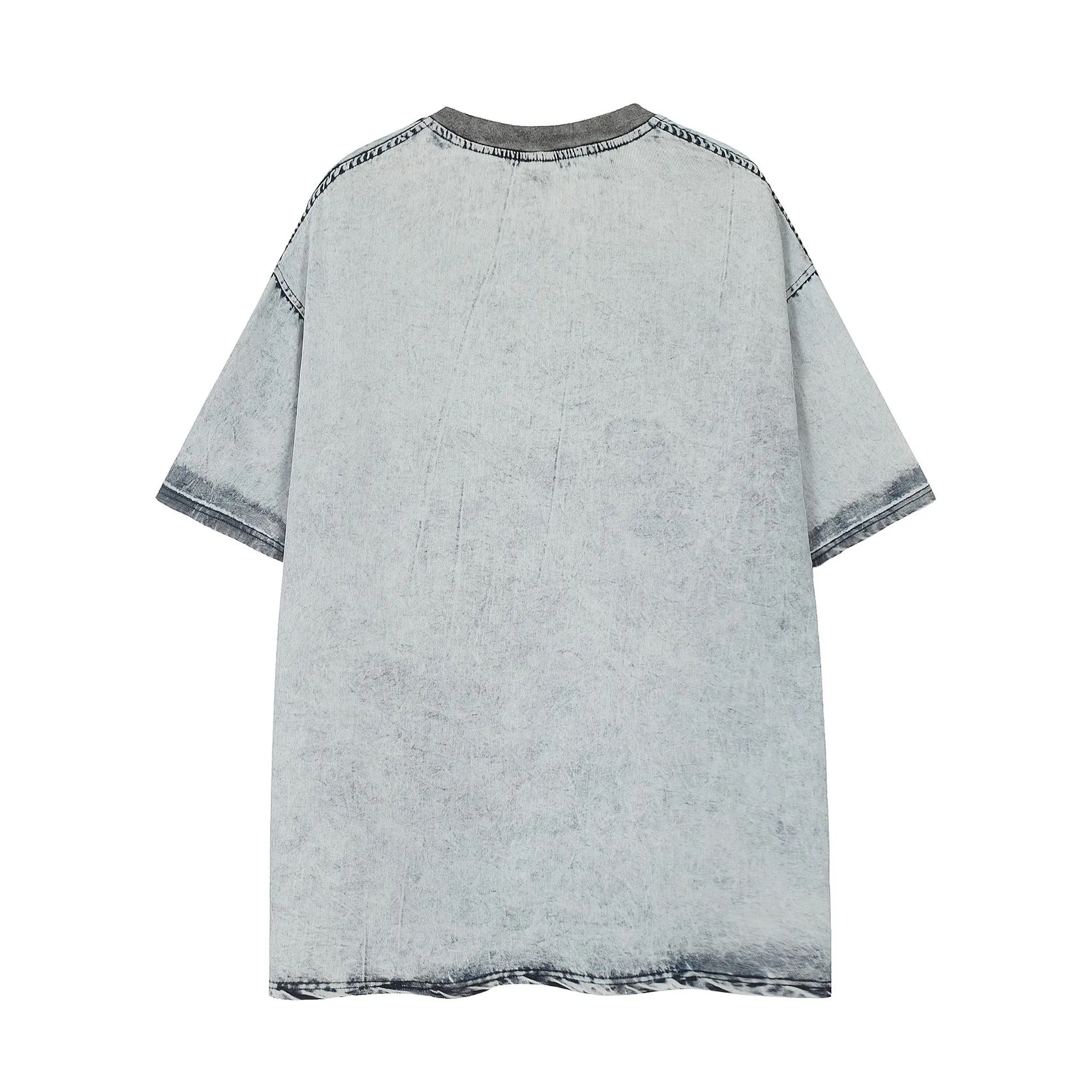 Jiayiku Men's Clothing Vintage American Street Fashion Brand T-shirt Color Matching Denim Washed Distressed Zipper Collar Short Sleeve T-shirt display picture 3