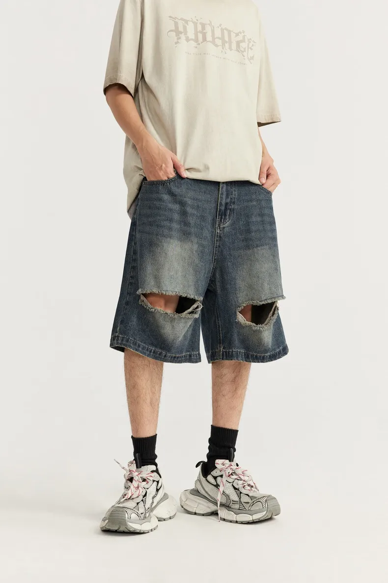 INF Men's Clothing | Shredded Ripped Denim Shorts  Spring And Summer New Fashion Brand Street Loose Distressed Personality Shorts display picture 2