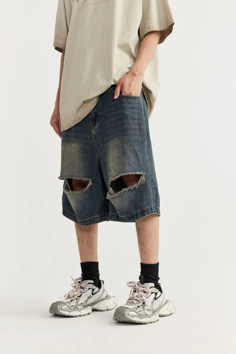 INF Men's Clothing | Shredded Ripped Denim Shorts  Spring And Summer New Fashion Brand Street Loose Distressed Personality Shorts display picture 3