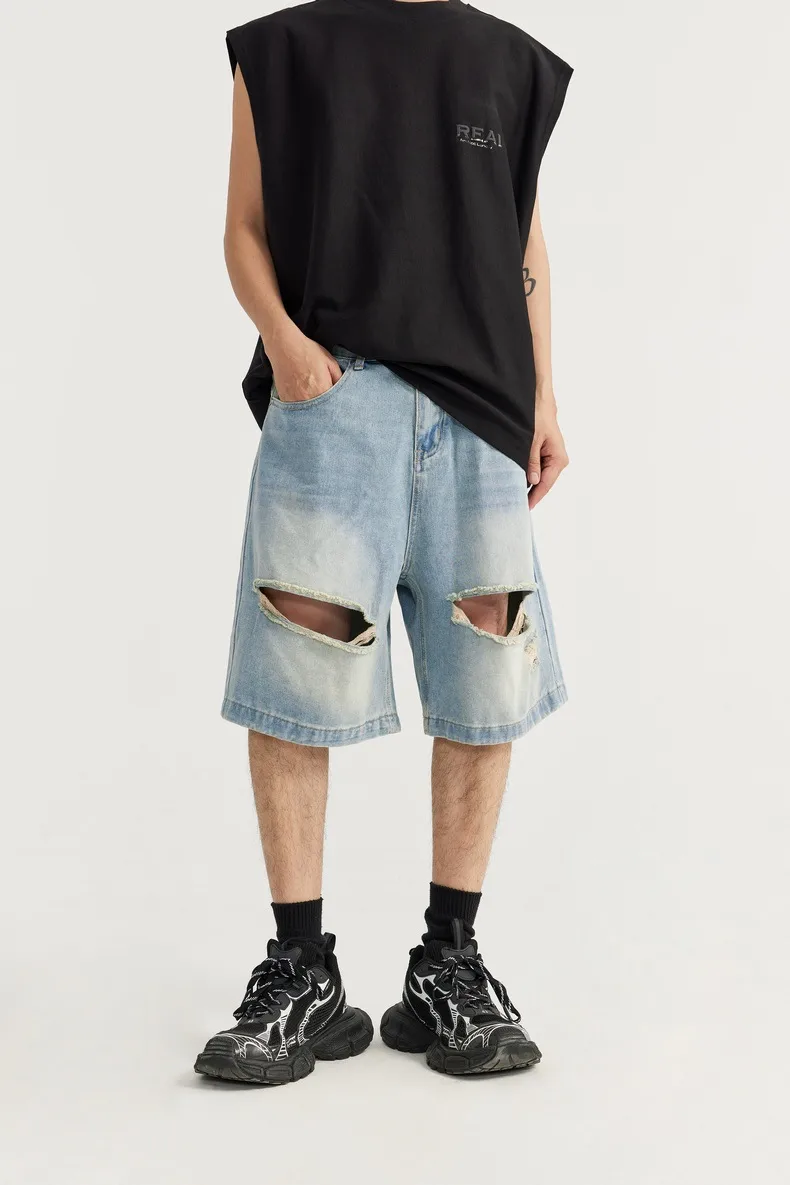 INF Men's Clothing | Shredded Ripped Denim Shorts  Spring And Summer New Fashion Brand Street Loose Distressed Personality Shorts display picture 7