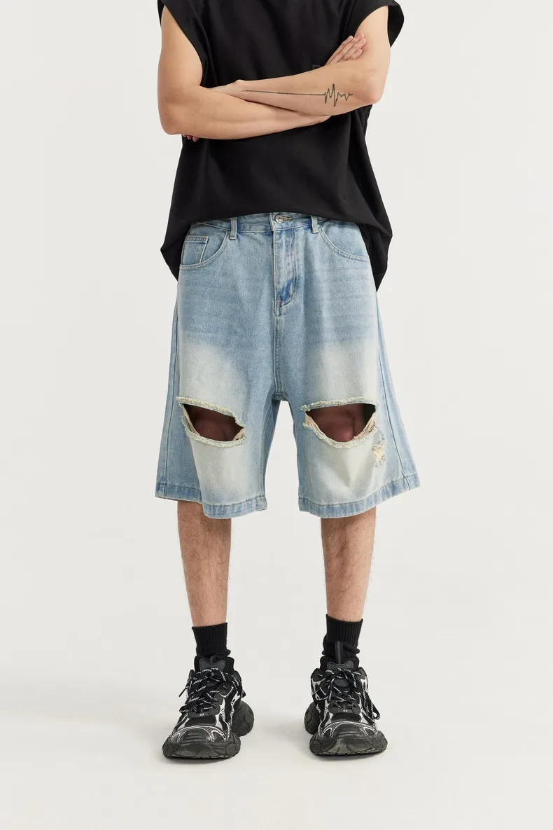 INF Men's Clothing | Shredded Ripped Denim Shorts  Spring And Summer New Fashion Brand Street Loose Distressed Personality Shorts display picture 8