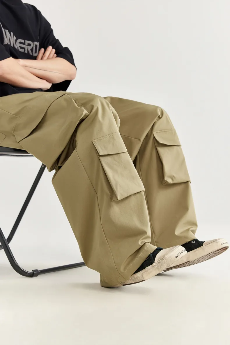 INF Men's Clothing | Three-dimensional Multi-bag Workwear Wide-leg Pants  Spring And Summer New Fashion Brand Loose High Street Plaid Trousers display picture 5