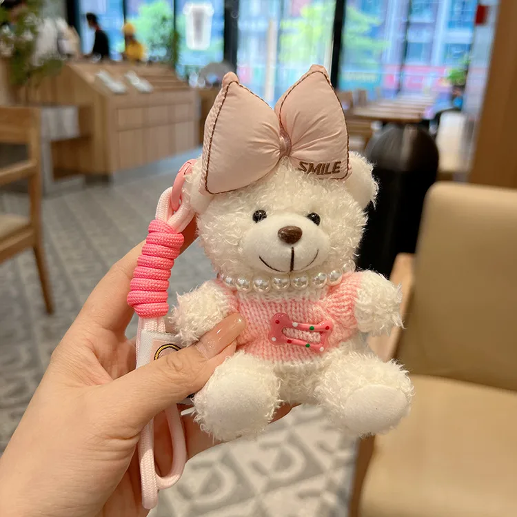 Creative Contrast Color Bow Sweater Bear Keychain Cute Cartoon Plush Toy Bag Pendant Car Key Chain Women display picture 5