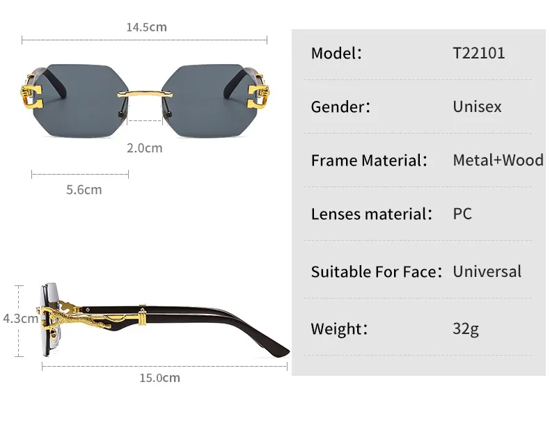 New  Frameless Trim Sunglasses Fashion Trendy Leopard Decoration Vintage Wood Grain Legs  T22101 display picture 5