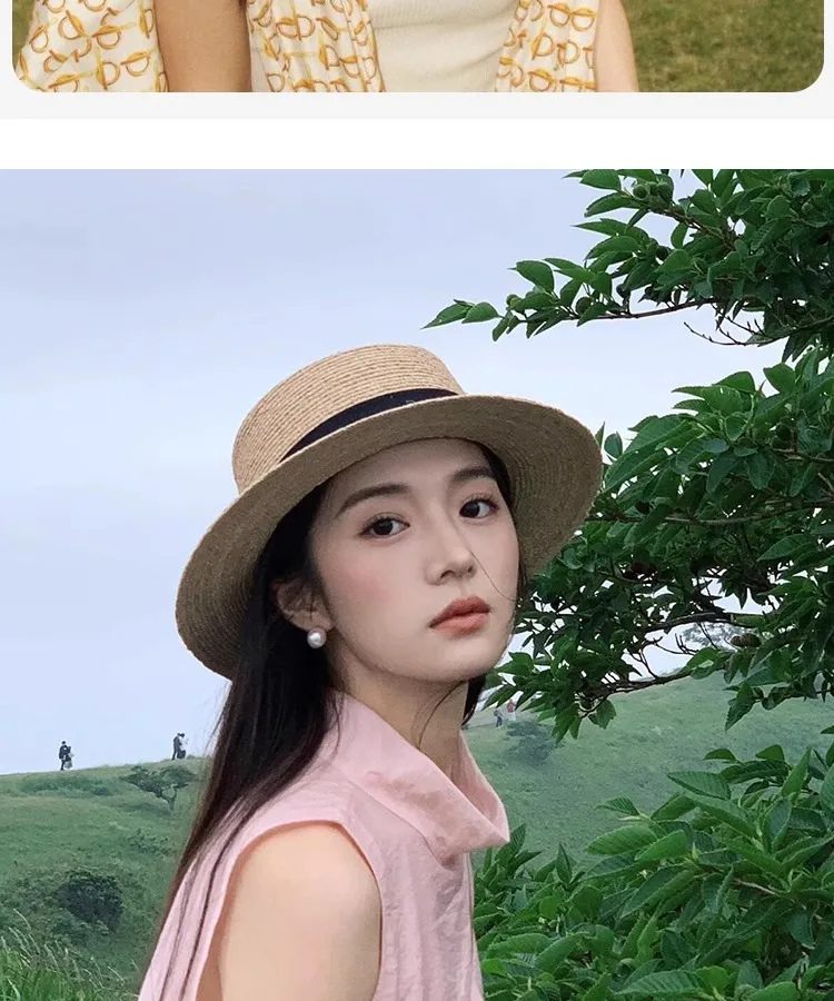 Flat Top Straw Hat Women's French Straw Top Hat  New Summer Big Brim Sunshade Hat Seaside Holiday Sun Hat display picture 3