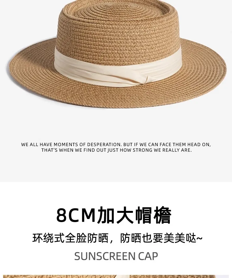 Flat Top Straw Hat Women's French Straw Top Hat  New Summer Big Brim Sunshade Hat Seaside Holiday Sun Hat display picture 5