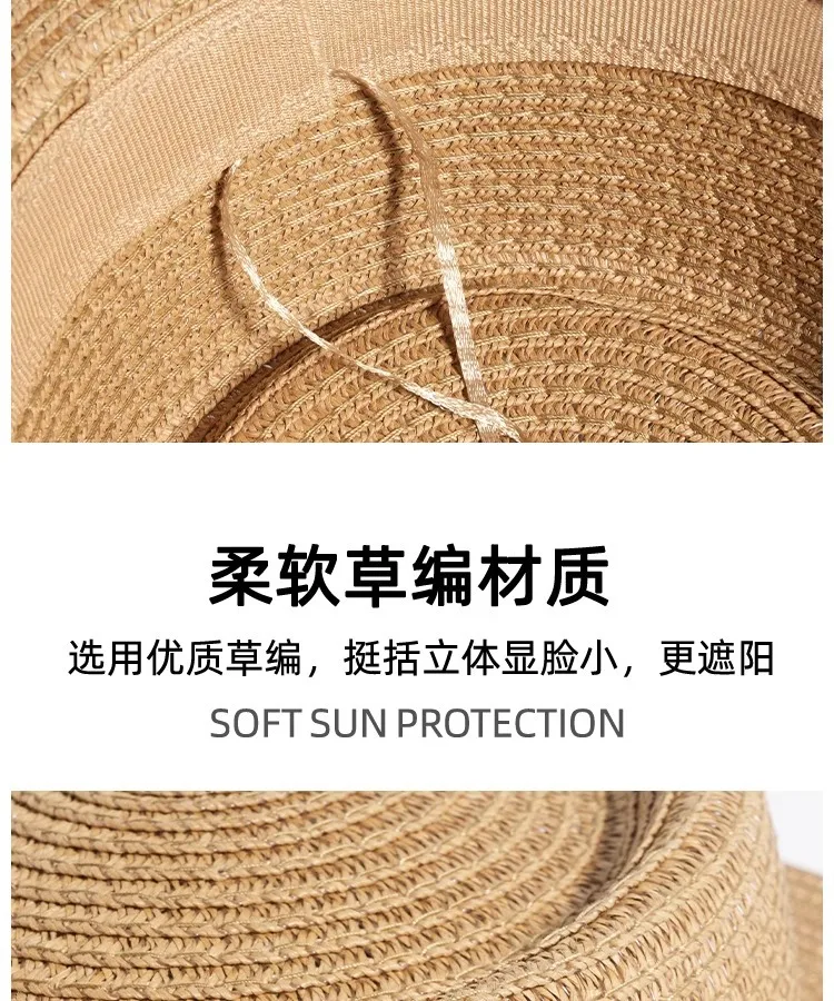 Flat Top Straw Hat Women's French Straw Top Hat  New Summer Big Brim Sunshade Hat Seaside Holiday Sun Hat display picture 7