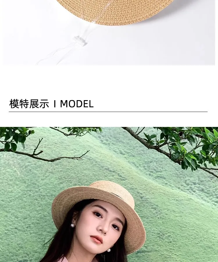 Flat Top Straw Hat Women's French Straw Top Hat  New Summer Big Brim Sunshade Hat Seaside Holiday Sun Hat display picture 9