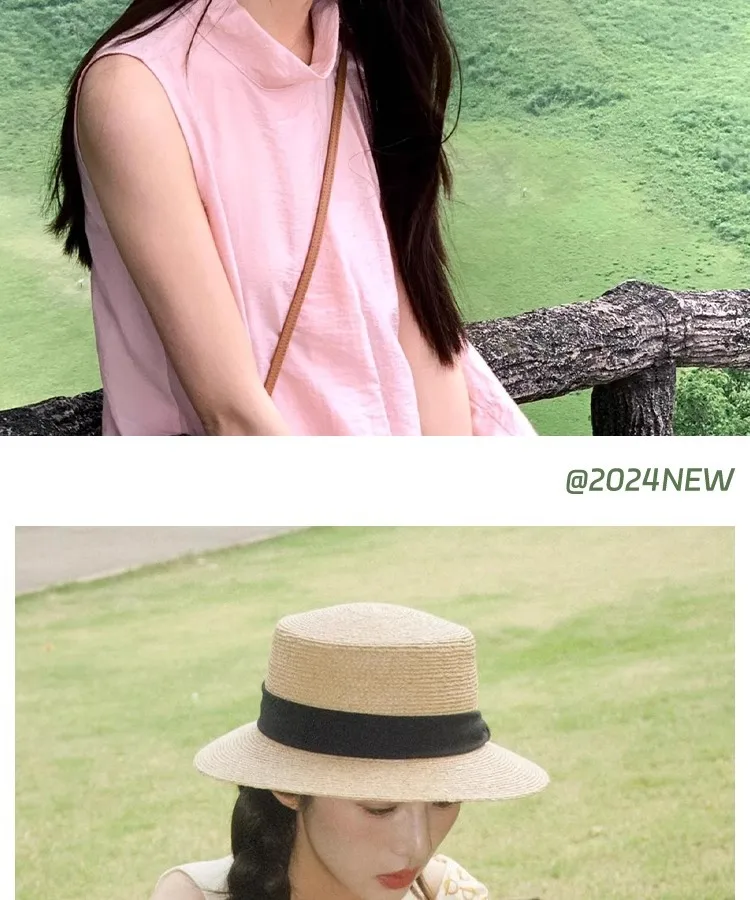 Flat Top Straw Hat Women's French Straw Top Hat  New Summer Big Brim Sunshade Hat Seaside Holiday Sun Hat display picture 10