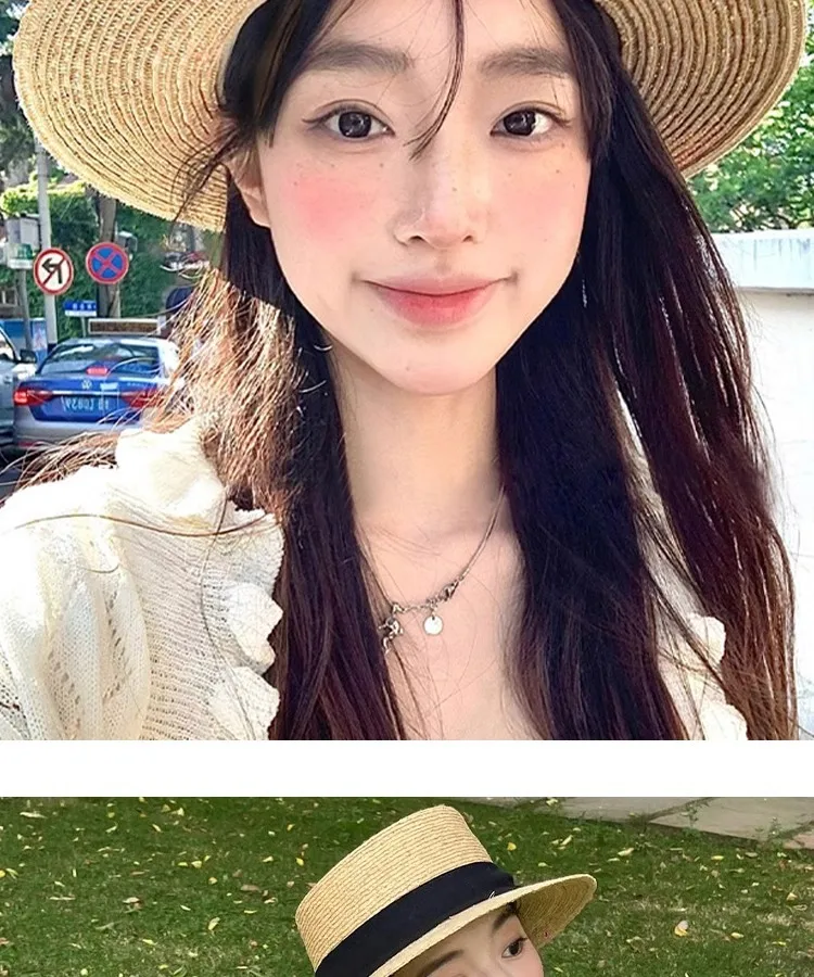 Flat Top Straw Hat Women's French Straw Top Hat  New Summer Big Brim Sunshade Hat Seaside Holiday Sun Hat display picture 13