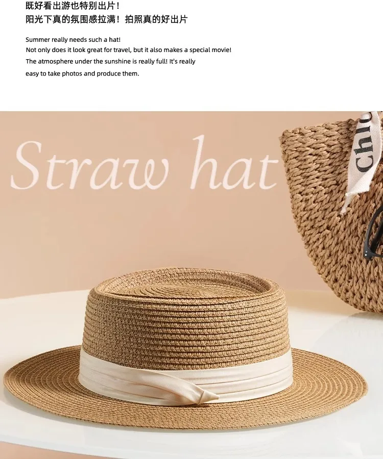 Flat Top Straw Hat Women's French Straw Top Hat  New Summer Big Brim Sunshade Hat Seaside Holiday Sun Hat display picture 16