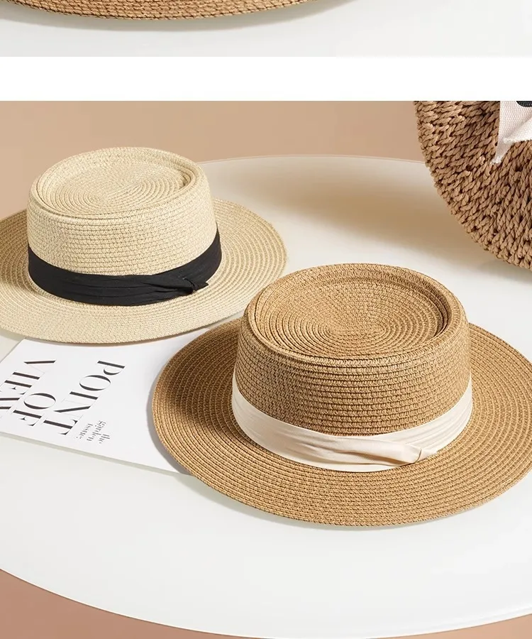 Flat Top Straw Hat Women's French Straw Top Hat  New Summer Big Brim Sunshade Hat Seaside Holiday Sun Hat display picture 18
