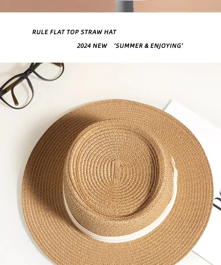 Flat Top Straw Hat Women's French Straw Top Hat  New Summer Big Brim Sunshade Hat Seaside Holiday Sun Hat display picture 19