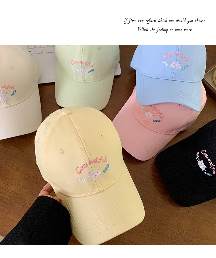 Cute Kitten Embroidered Baseball Cap Women's Spring And Summer Big Head Wide Brim Showing Face Small Cap New Style All-match Hat display picture 2