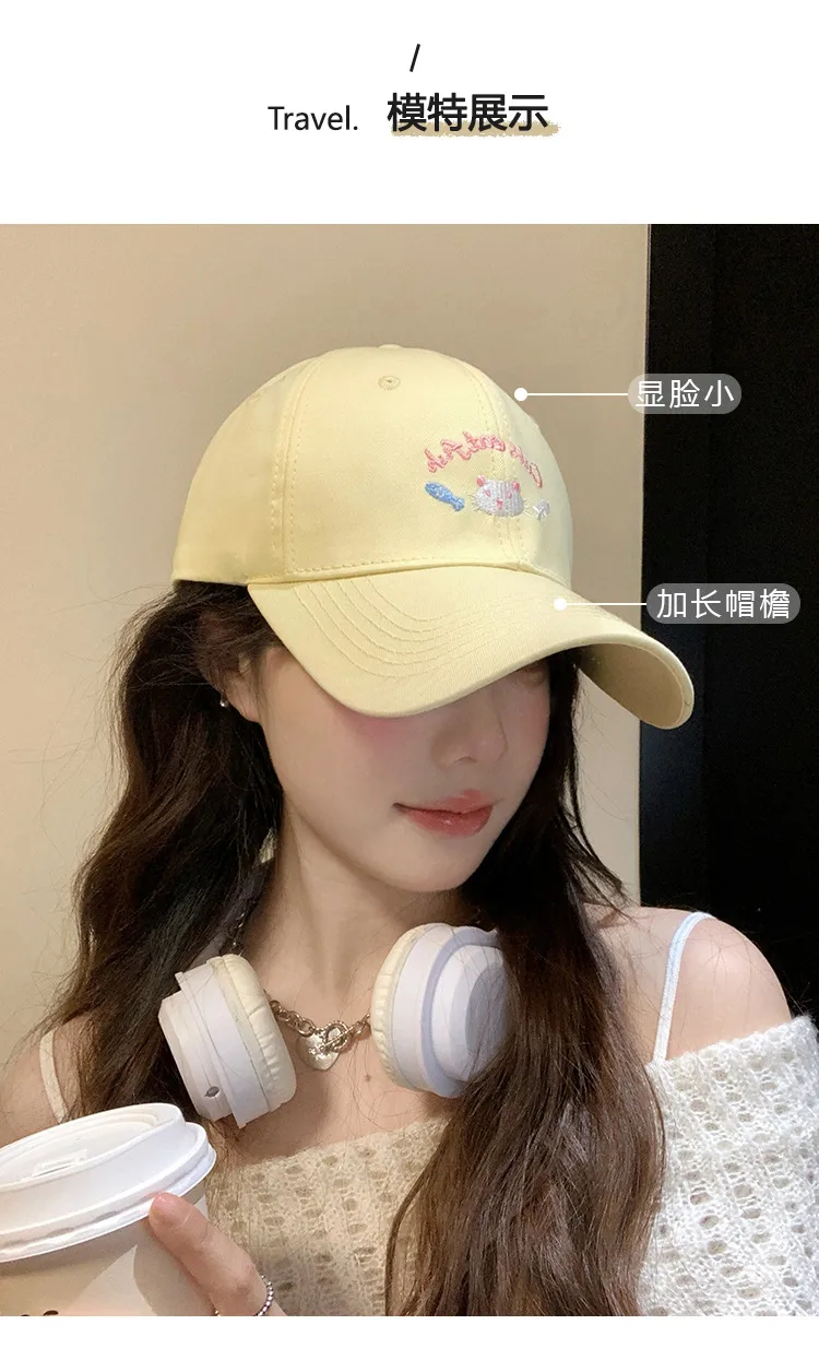 Cute Kitten Embroidered Baseball Cap Women's Spring And Summer Big Head Wide Brim Showing Face Small Cap New Style All-match Hat display picture 6