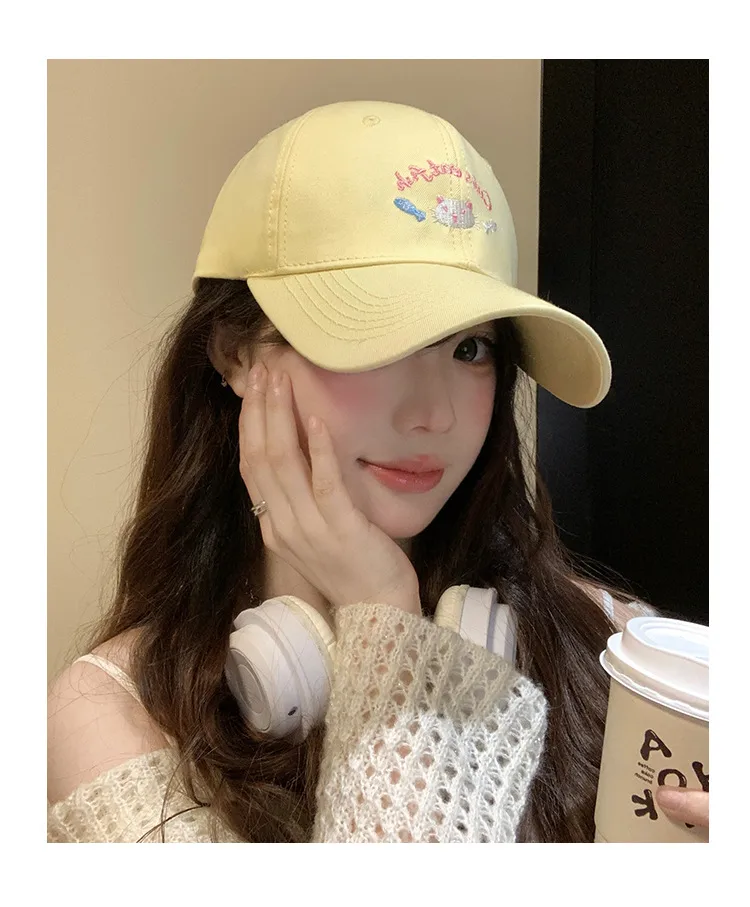 Cute Kitten Embroidered Baseball Cap Women's Spring And Summer Big Head Wide Brim Showing Face Small Cap New Style All-match Hat display picture 10