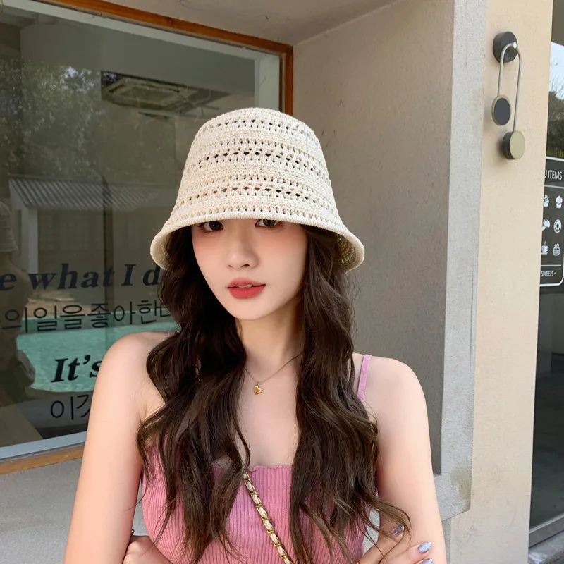 New Knitted Hollow Fisherman Hat Women's Summer  New Breathable Sun Protection Sunshade Hat Bucket Basin Hat Sun Hat display picture 5