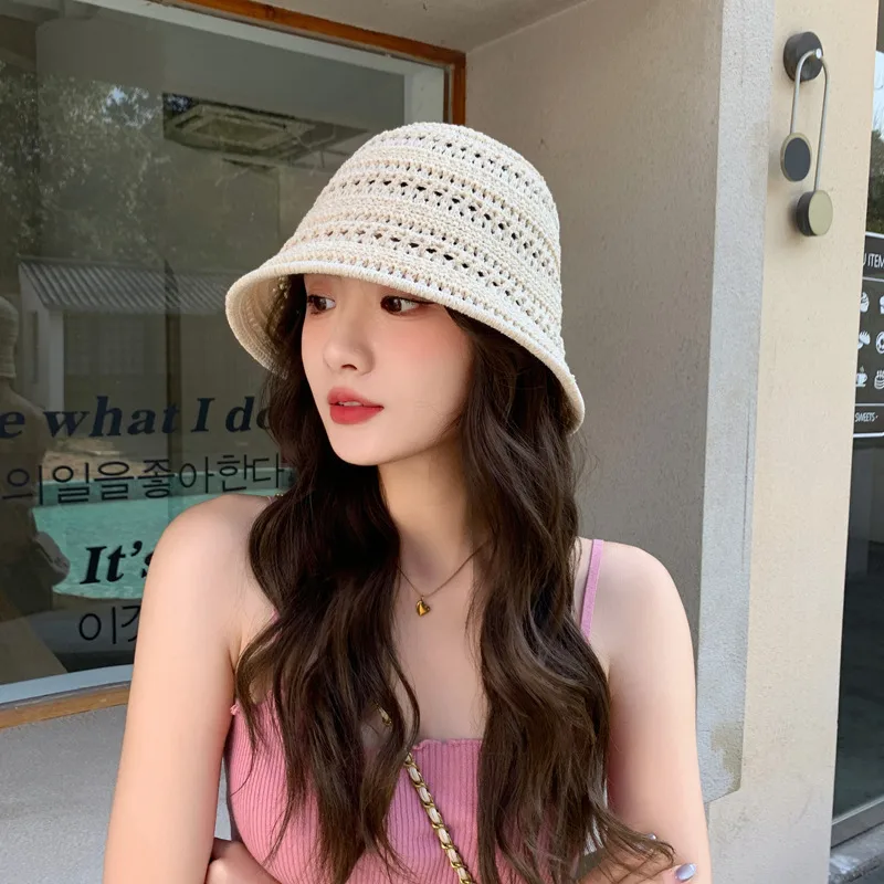 New Knitted Hollow Fisherman Hat Women's Summer  New Breathable Sun Protection Sunshade Hat Bucket Basin Hat Sun Hat display picture 6
