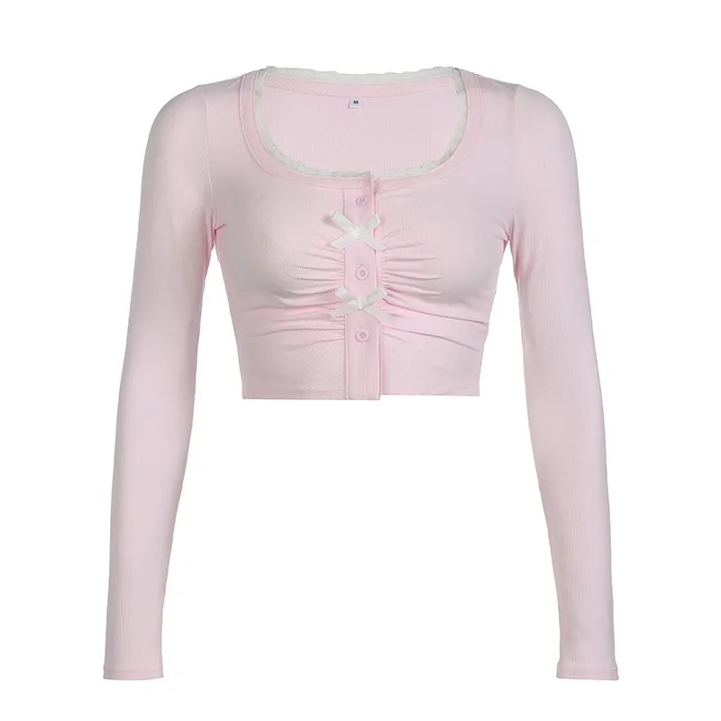 Y2K Sweet And Spicy U-Collar Lace Bow Long-Sleeved T-Shirt  Design Pleated Short Top display picture 2