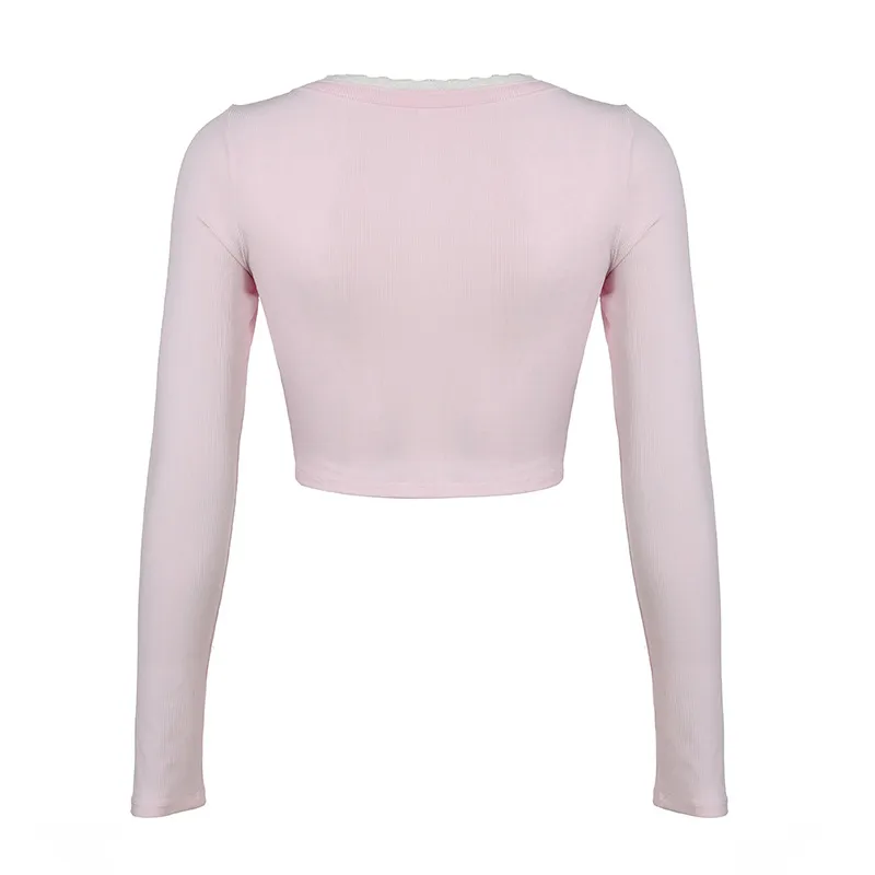 Y2K Sweet And Spicy U-Collar Lace Bow Long-Sleeved T-Shirt  Design Pleated Short Top display picture 3