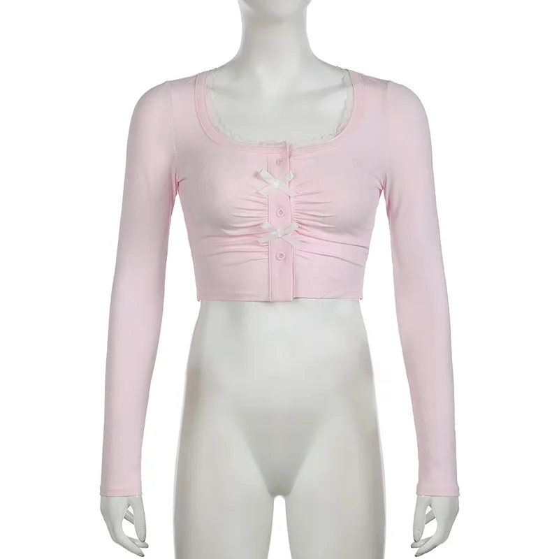 Y2K Sweet And Spicy U-Collar Lace Bow Long-Sleeved T-Shirt  Design Pleated Short Top display picture 12