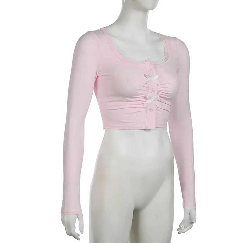 Y2K Sweet And Spicy U-Collar Lace Bow Long-Sleeved T-Shirt  Design Pleated Short Top display picture 13