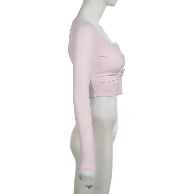 Y2K Sweet And Spicy U-Collar Lace Bow Long-Sleeved T-Shirt  Design Pleated Short Top display picture 14