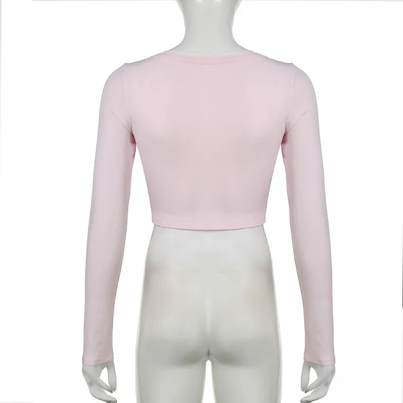 Y2K Sweet And Spicy U-Collar Lace Bow Long-Sleeved T-Shirt  Design Pleated Short Top display picture 15
