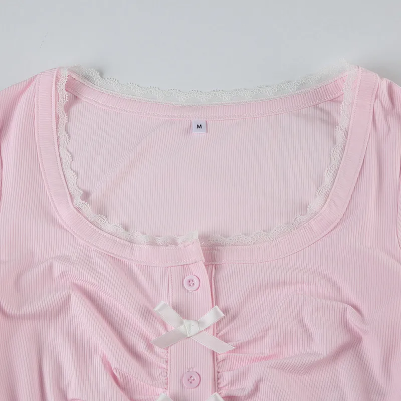 Y2K Sweet And Spicy U-Collar Lace Bow Long-Sleeved T-Shirt  Design Pleated Short Top display picture 17
