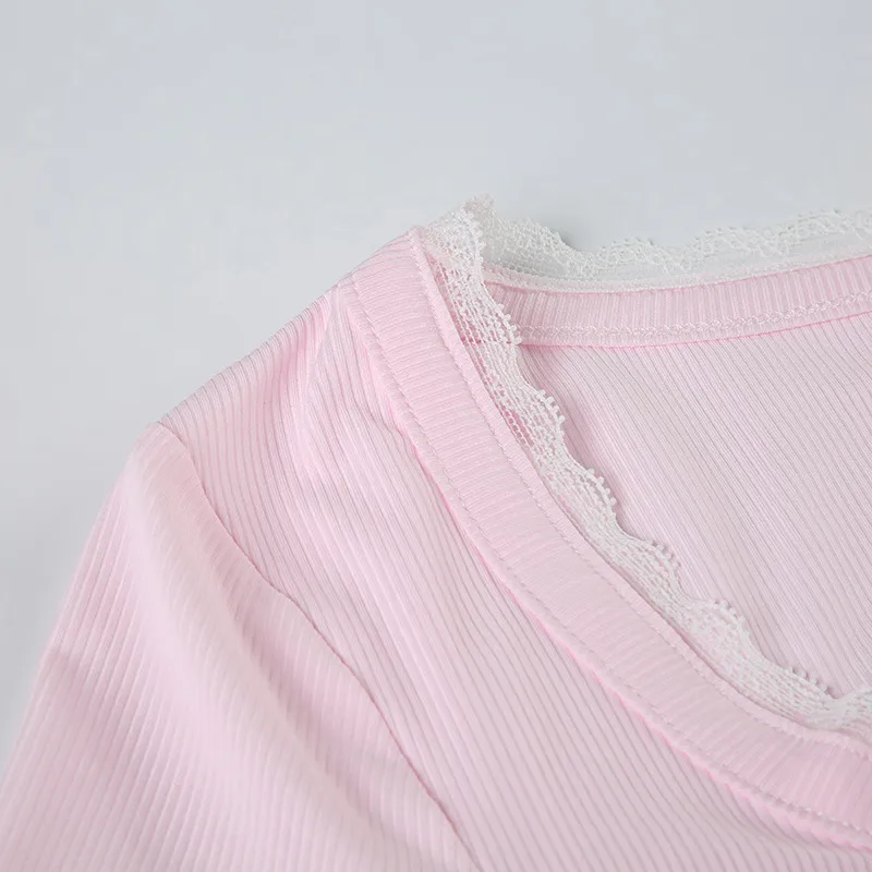 Y2K Sweet And Spicy U-Collar Lace Bow Long-Sleeved T-Shirt  Design Pleated Short Top display picture 18