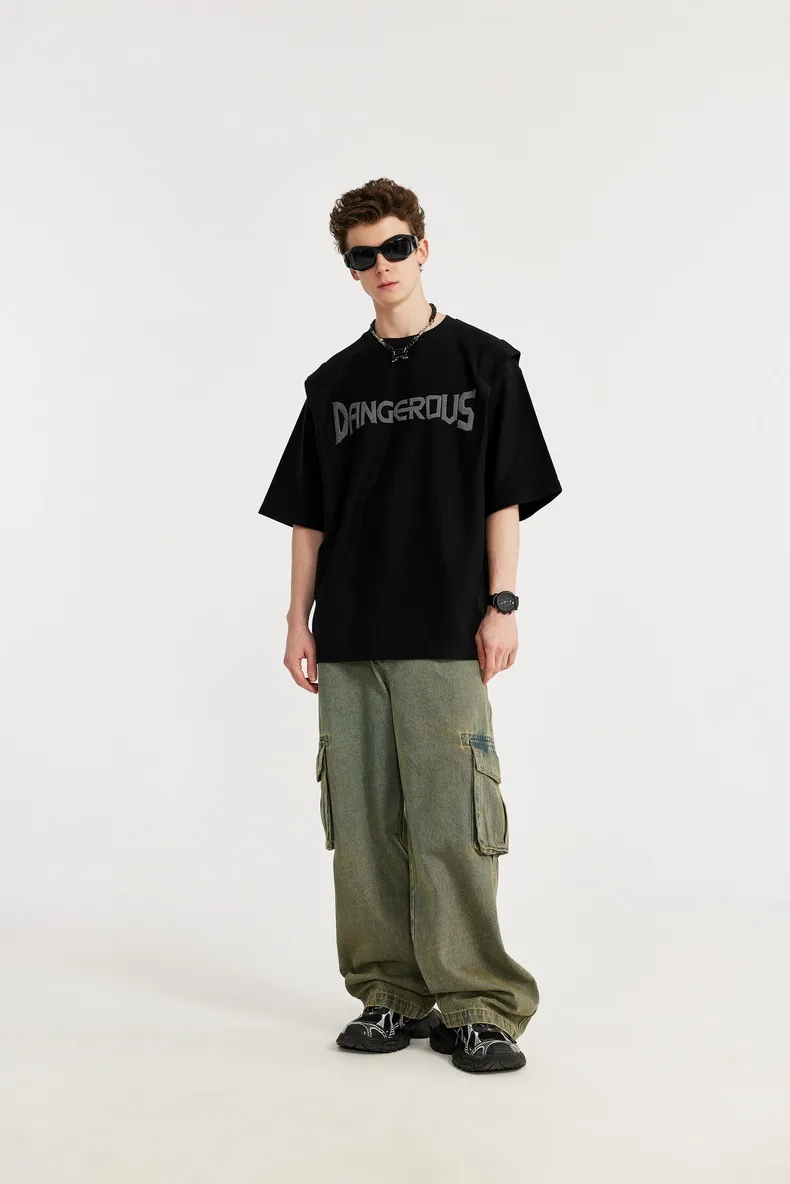 INF Men's Clothing | Twill Fake Two-piece Printed T-shirt  Spring And Summer New Fashion Brand Street Loose Short Sleeve Top Men display picture 8