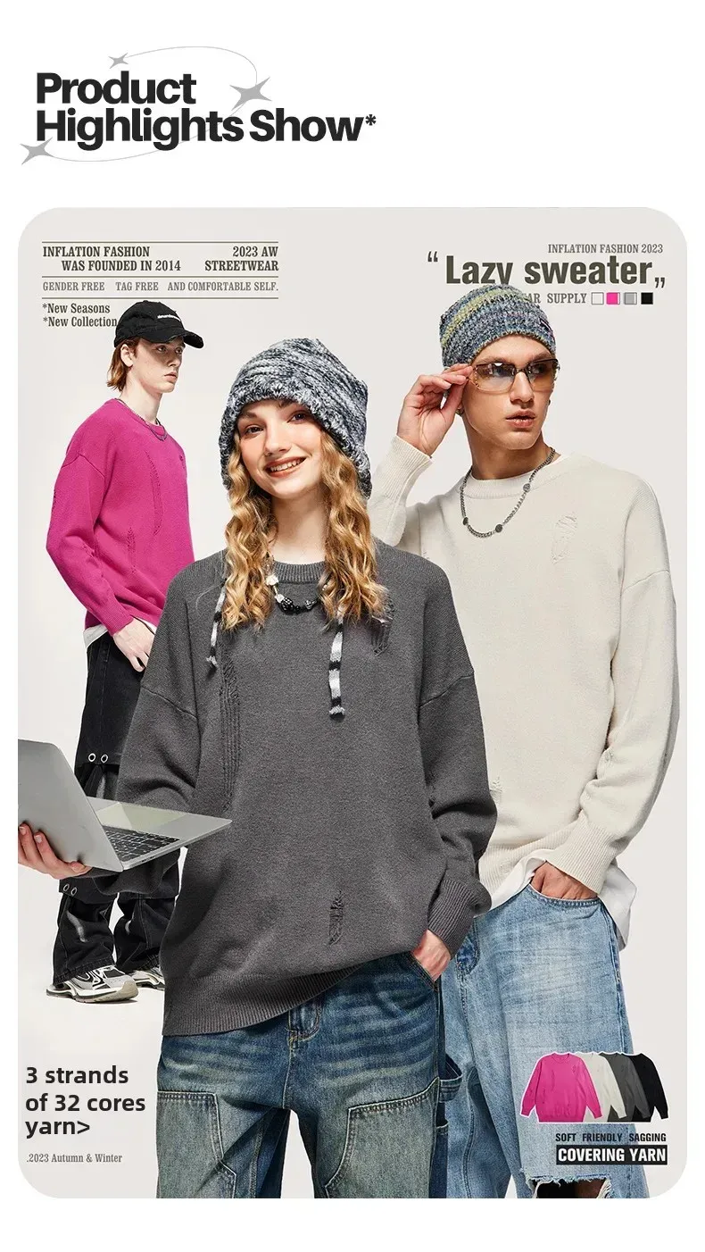 INF Men's Wear | Small And Middle School Plus 32 Core-spun Yarn Tide Brand High Street Hole Loose Thin Solid Color Sweater Men display picture 2
