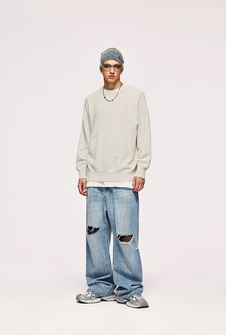 INF Men's Wear | Small And Middle School Plus 32 Core-spun Yarn Tide Brand High Street Hole Loose Thin Solid Color Sweater Men display picture 4