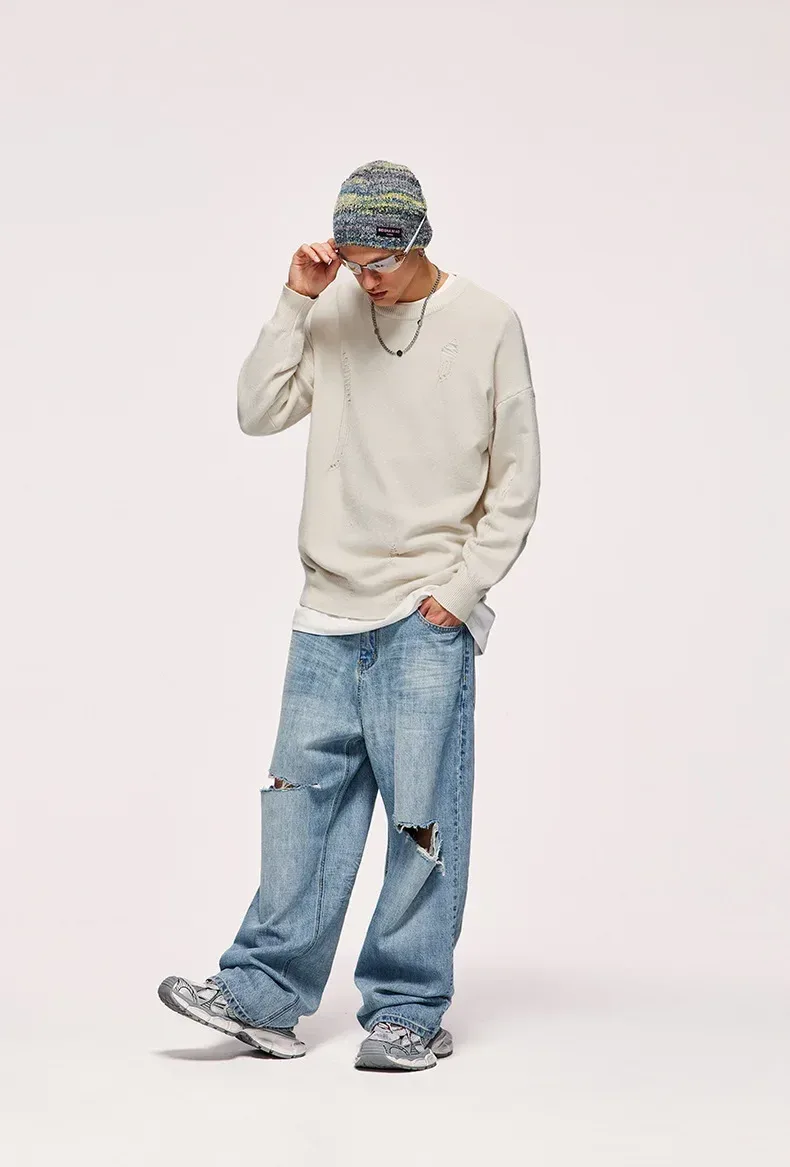 INF Men's Wear | Small And Middle School Plus 32 Core-spun Yarn Tide Brand High Street Hole Loose Thin Solid Color Sweater Men display picture 5
