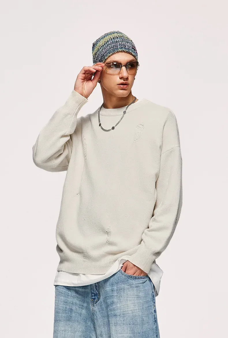 INF Men's Wear | Small And Middle School Plus 32 Core-spun Yarn Tide Brand High Street Hole Loose Thin Solid Color Sweater Men display picture 6